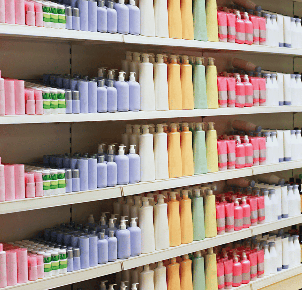 Image shows shelves packed with cosmetic and beauty products 