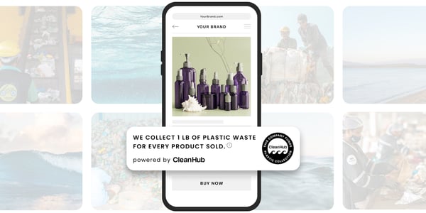 Image shows mobile phone on an ecommerce cosmetics website, with the copy "we collect 1 lb of plastic waste for every product sold with CleanHub"