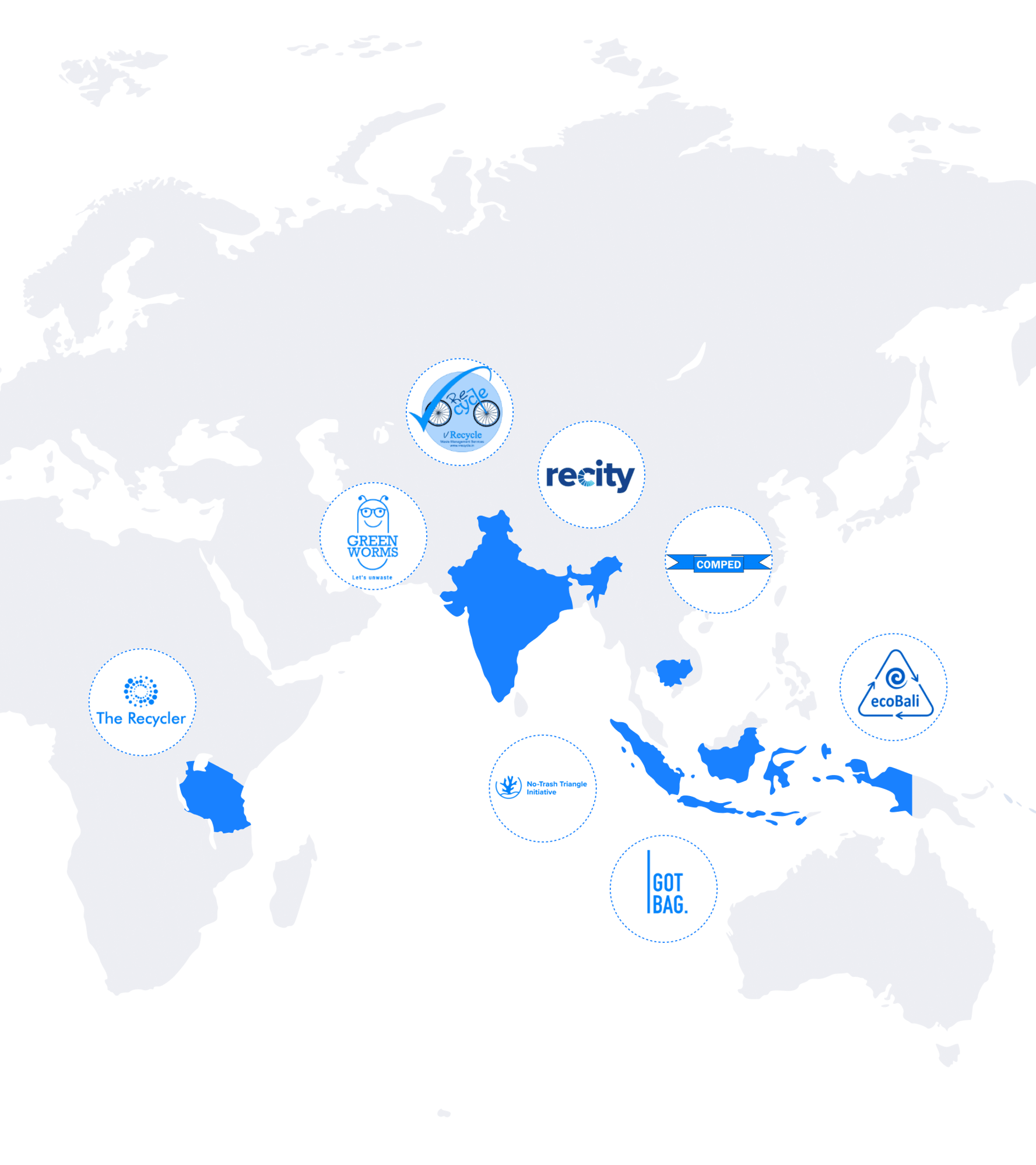 Image shows a map of coastal regions in India, Indonesia and Africa where CleanHub's Collection Partners are located and recovering waste 